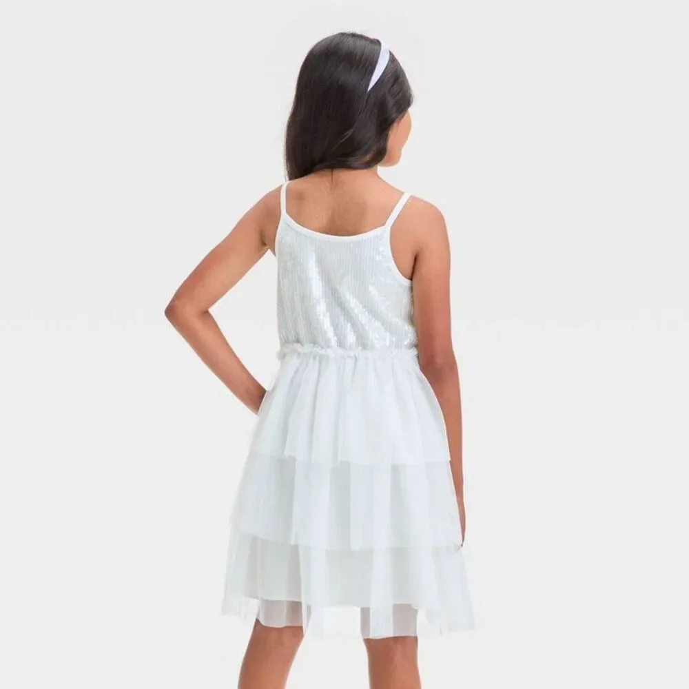 Cat & Jack - Girls' Sleeveless Tiered Tulle Sequin Dress - Cat  White